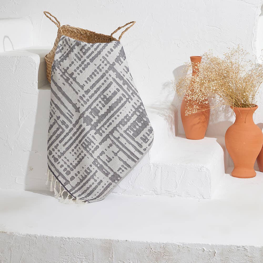 Vintage terry-backed Turkish towel with faded block jacquard, 35x70 in | Kikoya