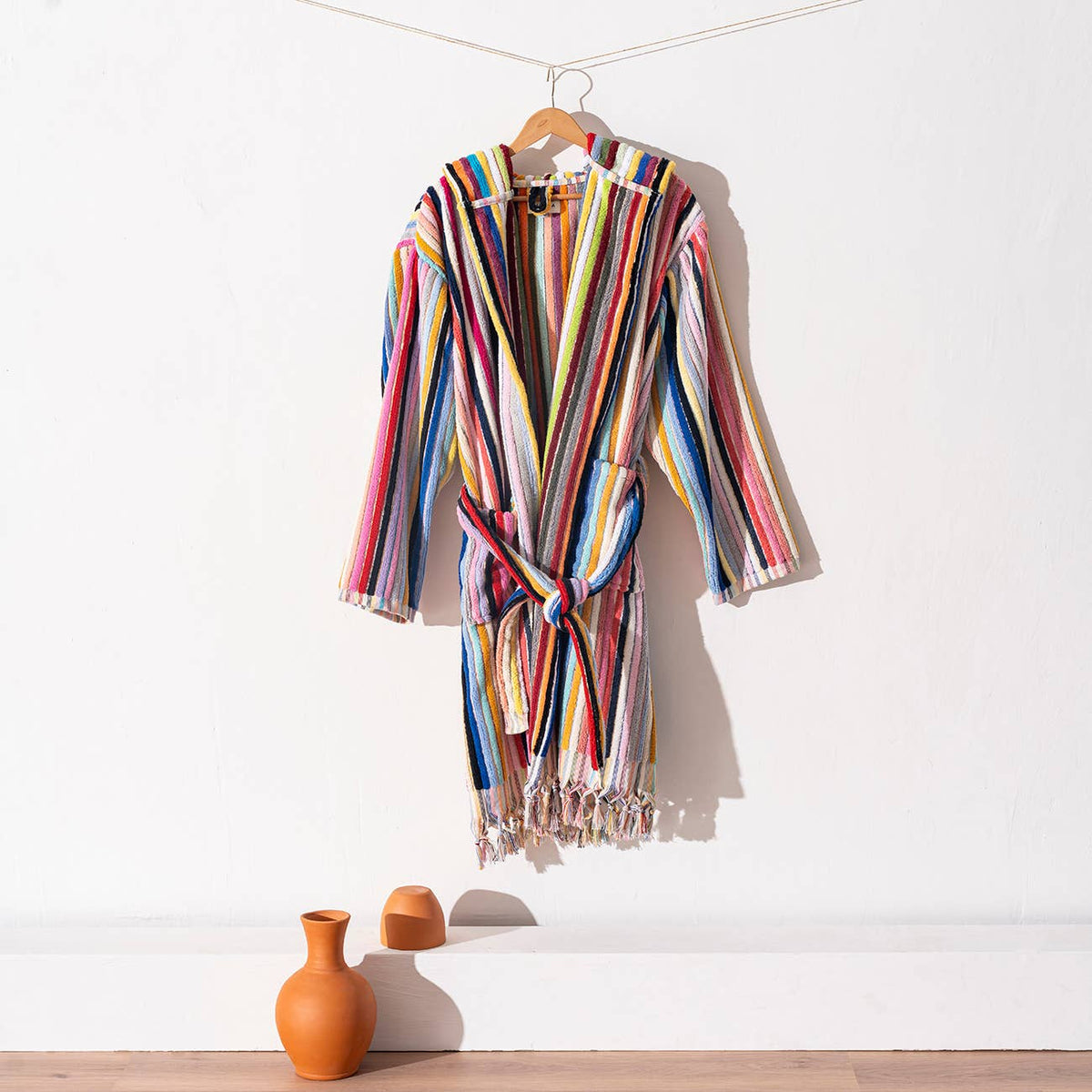 Pompom Turkish bathrobe – Bold Multicolor Stripe, Hooded, texture detail | Kikoya