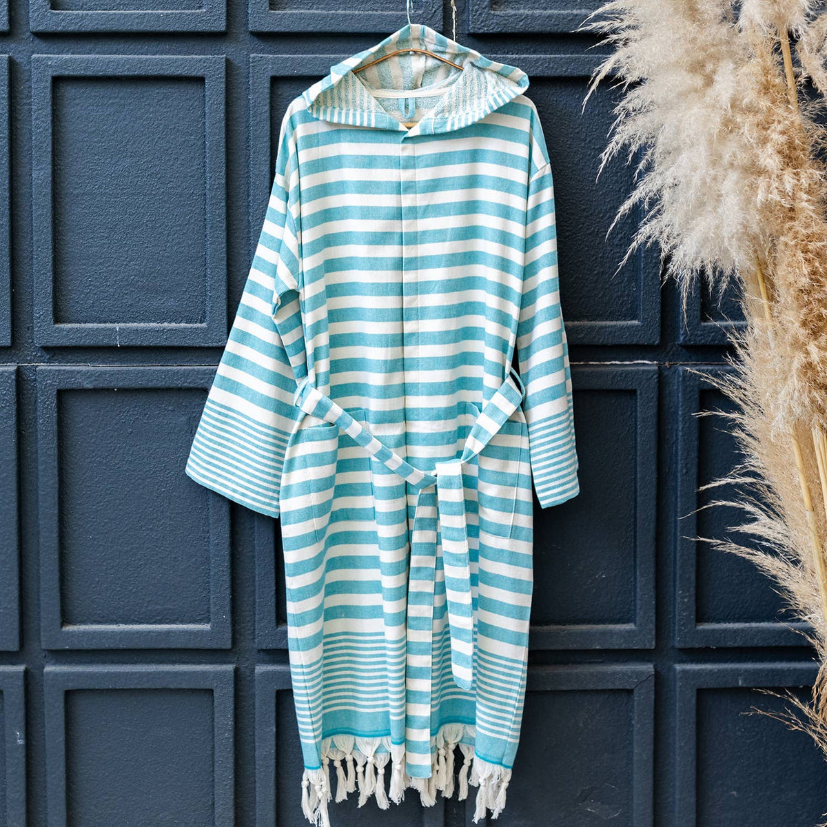 Andalusia flat-woven Turkish bathrobe in turquoise stripe – hooded | Kikoya