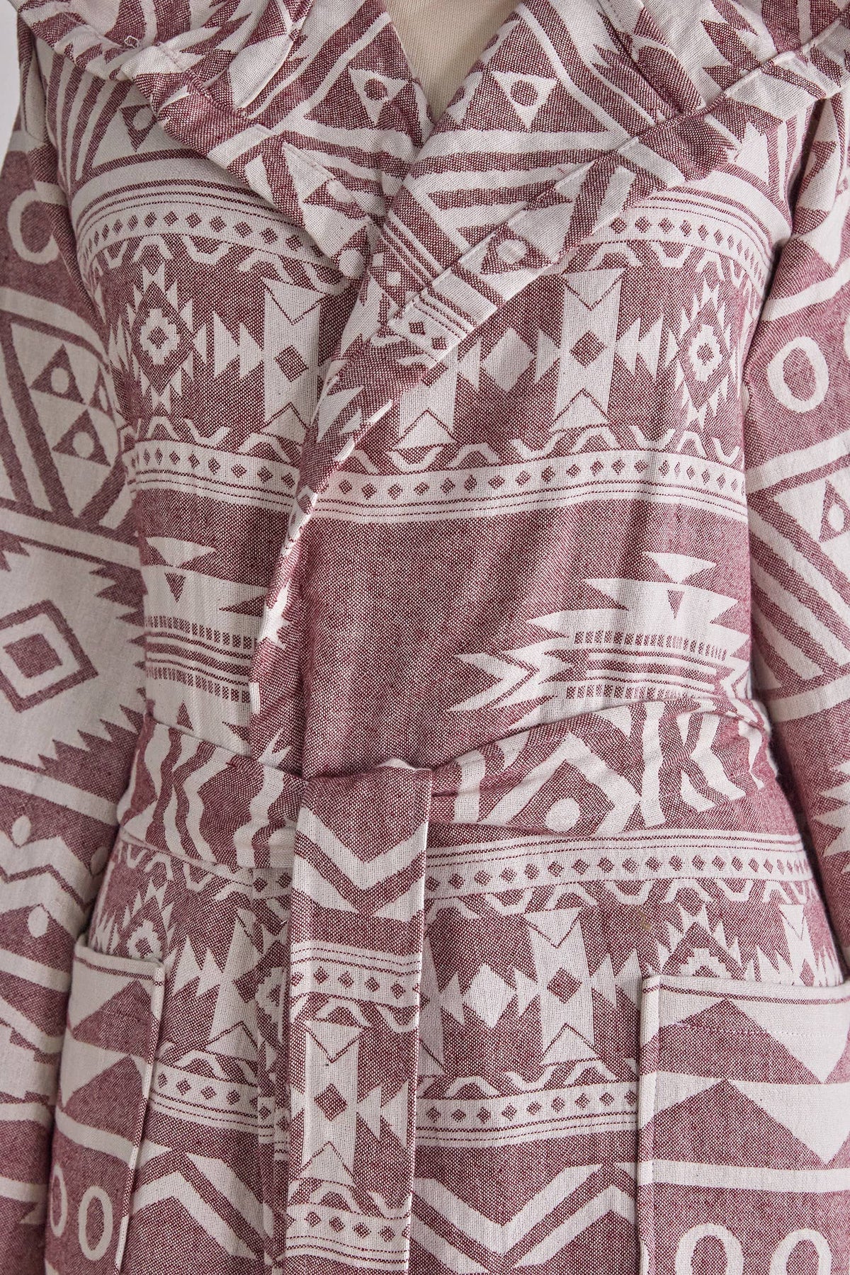 Aztec Turkish bathrobe in dusty rose – hooded, fringed hem | Kikoya