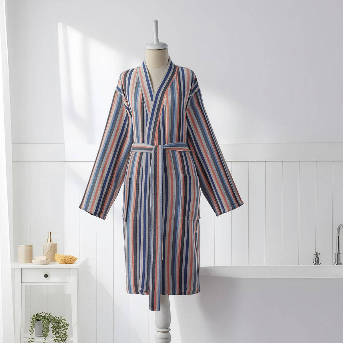 Antique Turkish kimono bathrobe – Navy & Red Stripe | Kikoya
