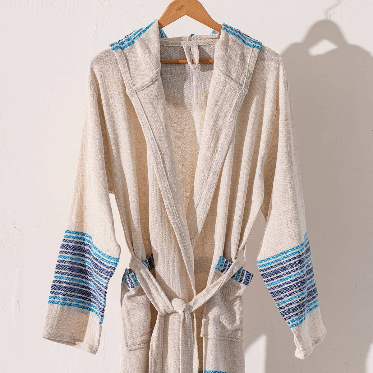 Linen-cotton Turkish bathrobe with blue stripe bands – kimono | Kikoya