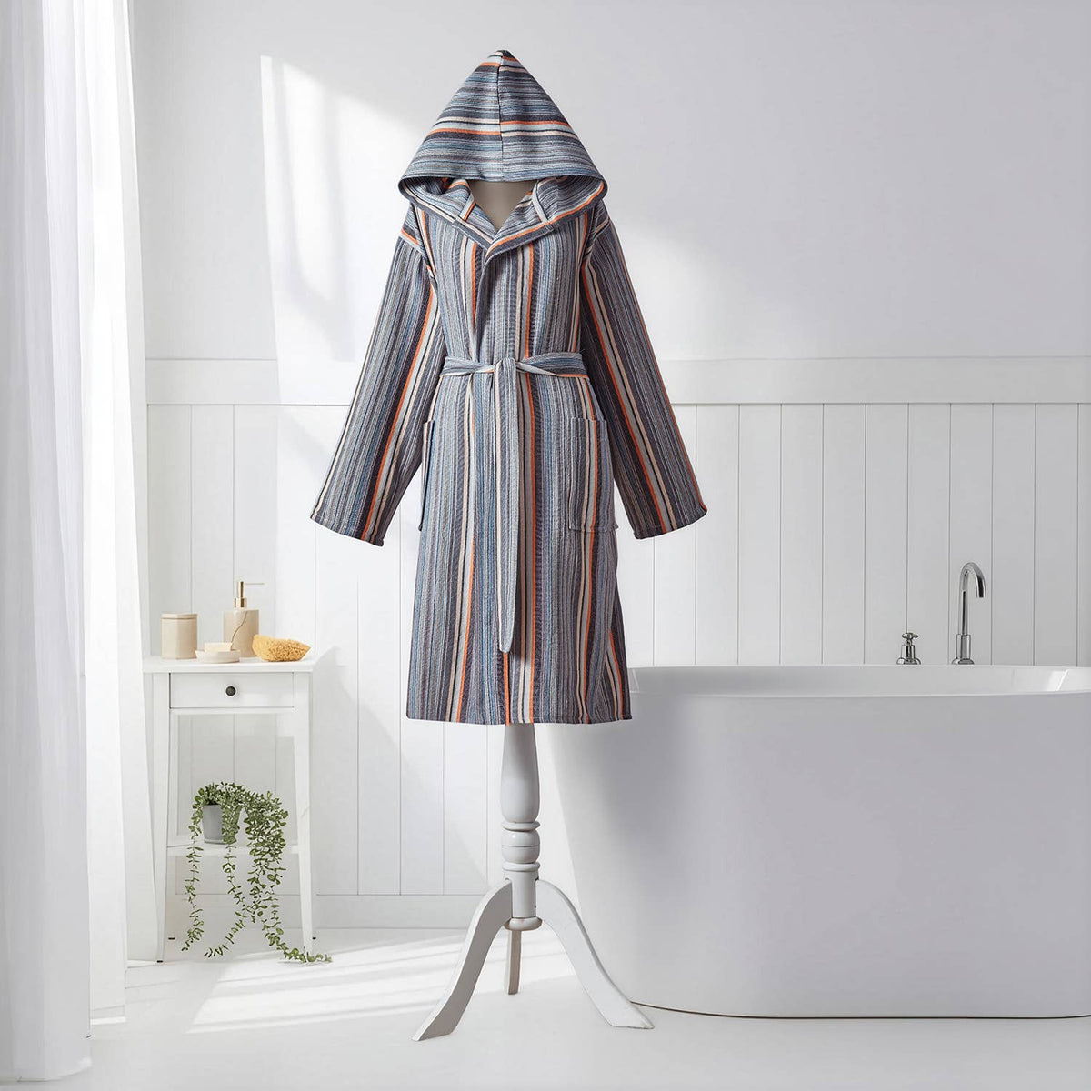Antique Turkish hooded bathrobe – Grey & Rust Stripe | Kikoya