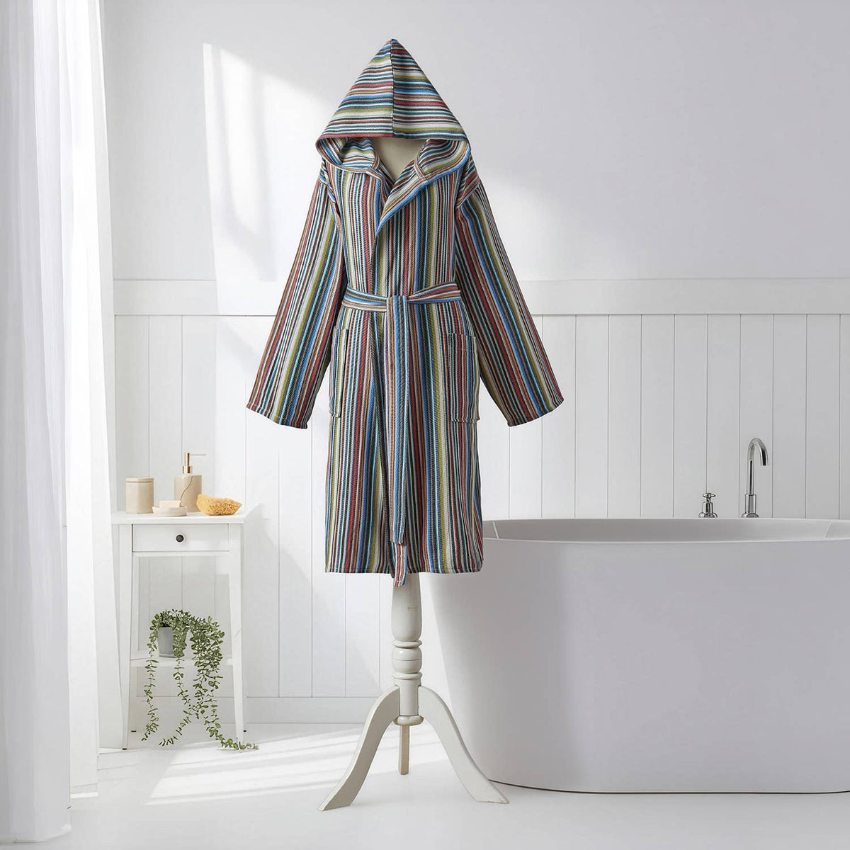Antique Turkish hooded bathrobe – Cream Multi Stripe | Kikoya