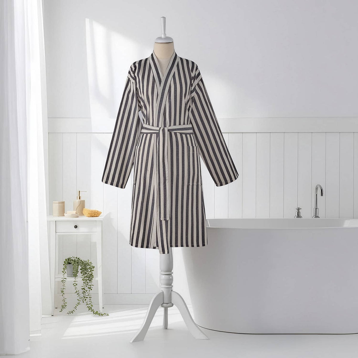 Pinstripe Turkish kimono bathrobe – Brown & White | Kikoya