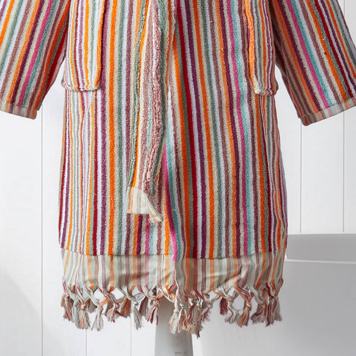Pompom Turkish bathrobe – Pink Multi Stripe, Hooded, belt and pocket detail | Kikoya