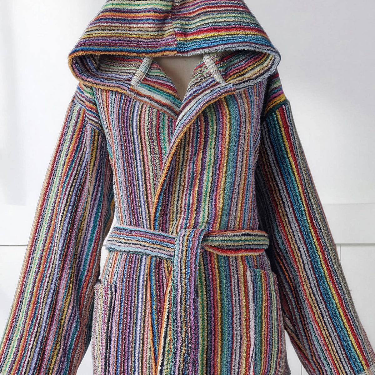 Pompom Turkish bathrobe – Multicolor Stripe, Hooded, front view | Kikoya