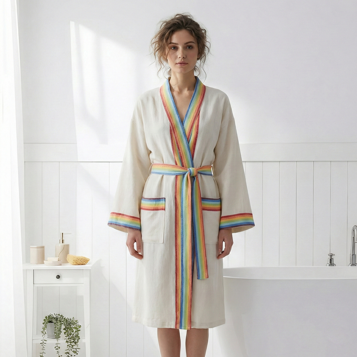 Rainbow band Turkish bathrobe in cream – kimono | Kikoya