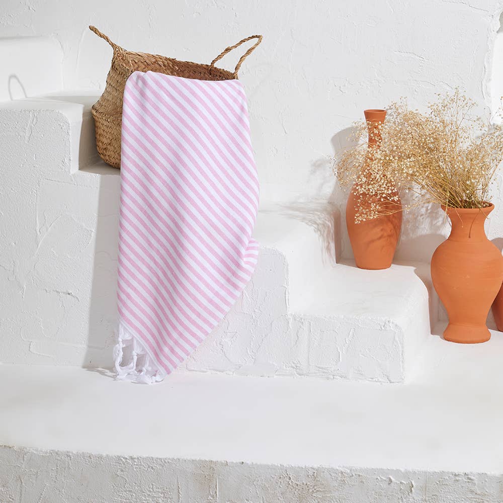 Royal terry-backed Turkish towel in fine stripe, 35x70 in, flat face with terry back | Kikoya