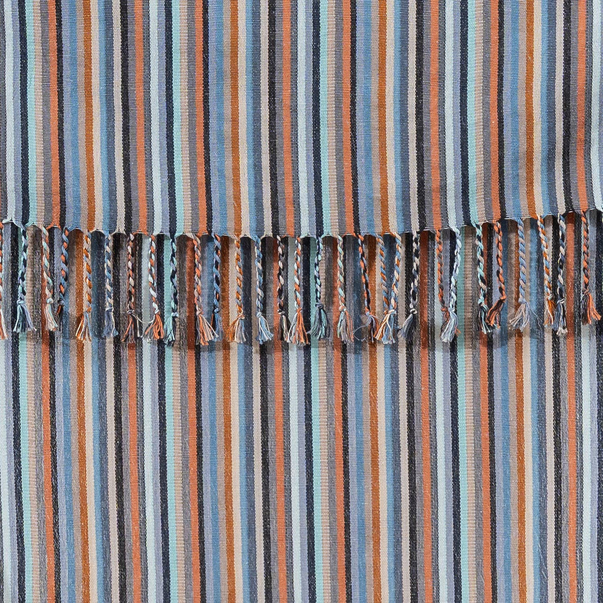 Rust & Denim Stripe peshtemal, knotted fringe detail | Kikoya