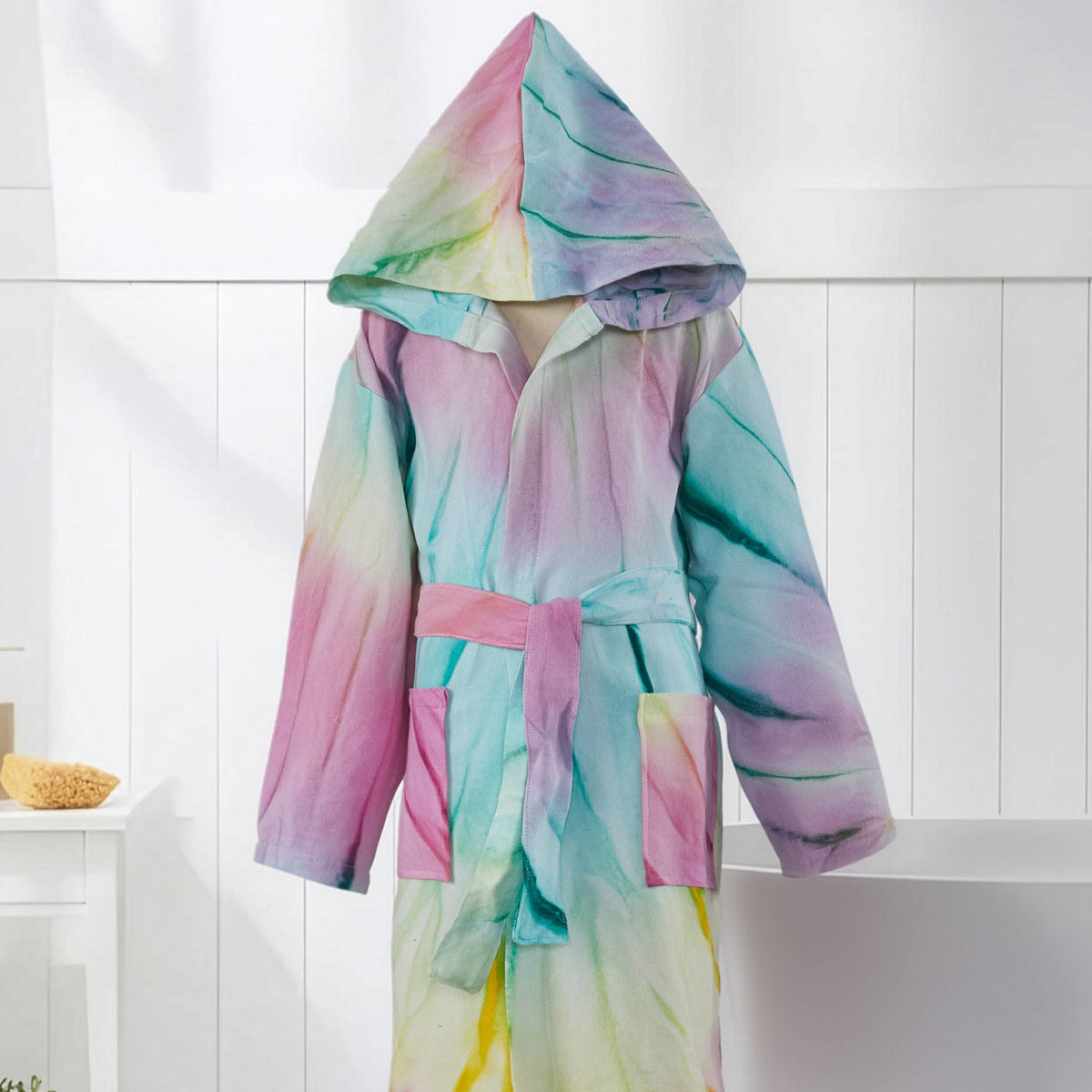 Hand tie-dyed kids Turkish bathrobe – hooded, ages 5-8 | Kikoya