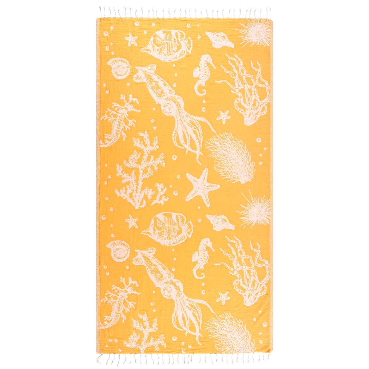 Ocean Turkish beach towel in Yellow sea life jacquard, 33x66 in | Kikoya