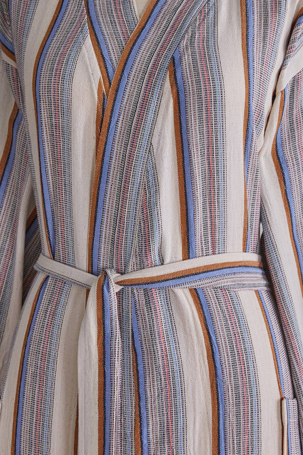 Fine stripe Turkish cotton bathrobe in grey & mauve – hooded | Kikoya