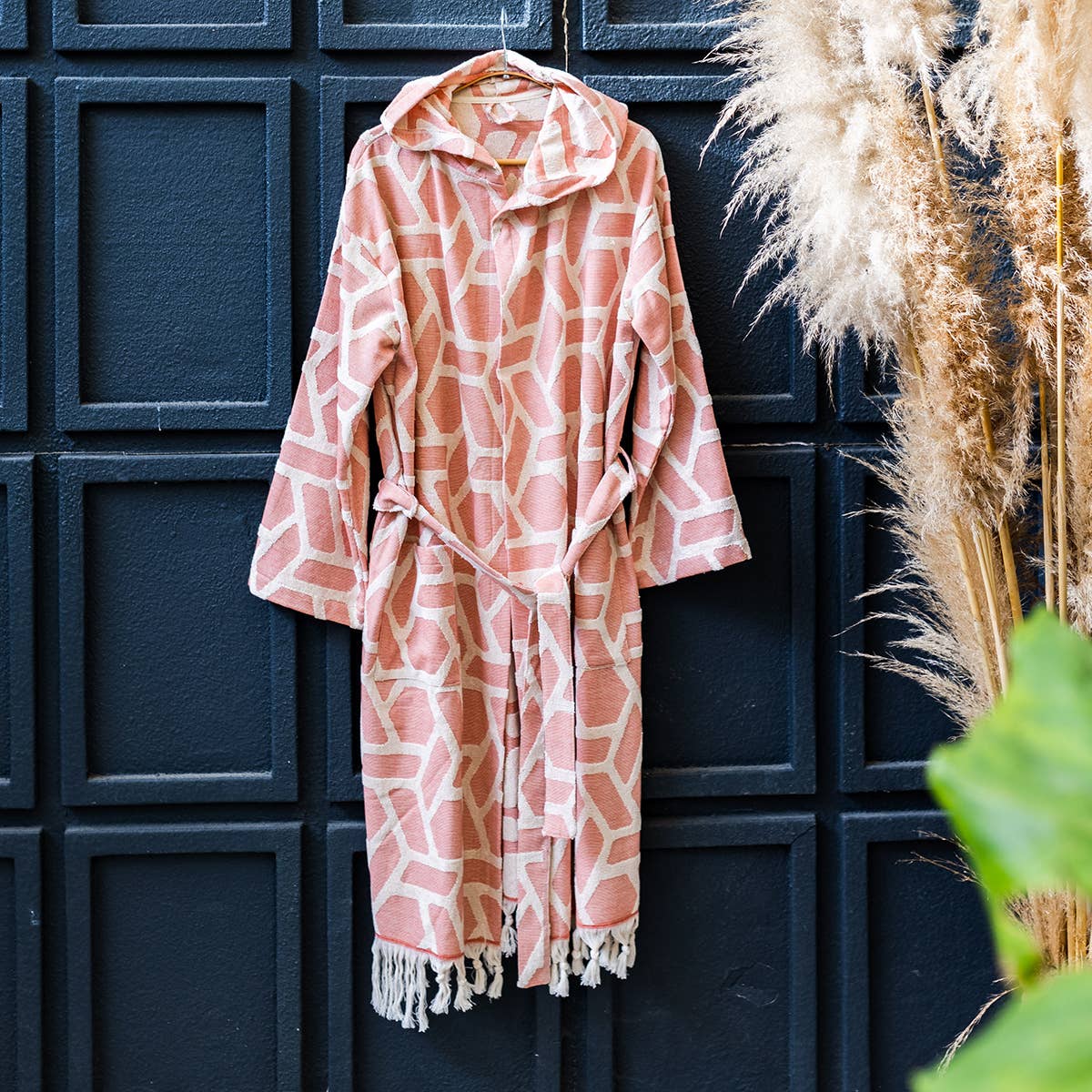 Aztec raised terry Turkish bathrobe in dusty rose, hooded | Kikoya