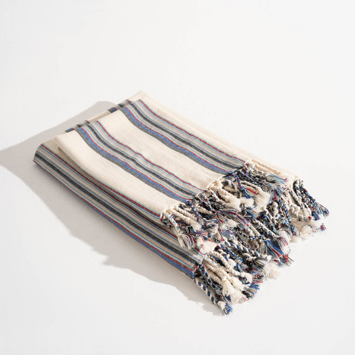 Grey & Blue Stripe peshtemal, folded with fringe | Kikoya