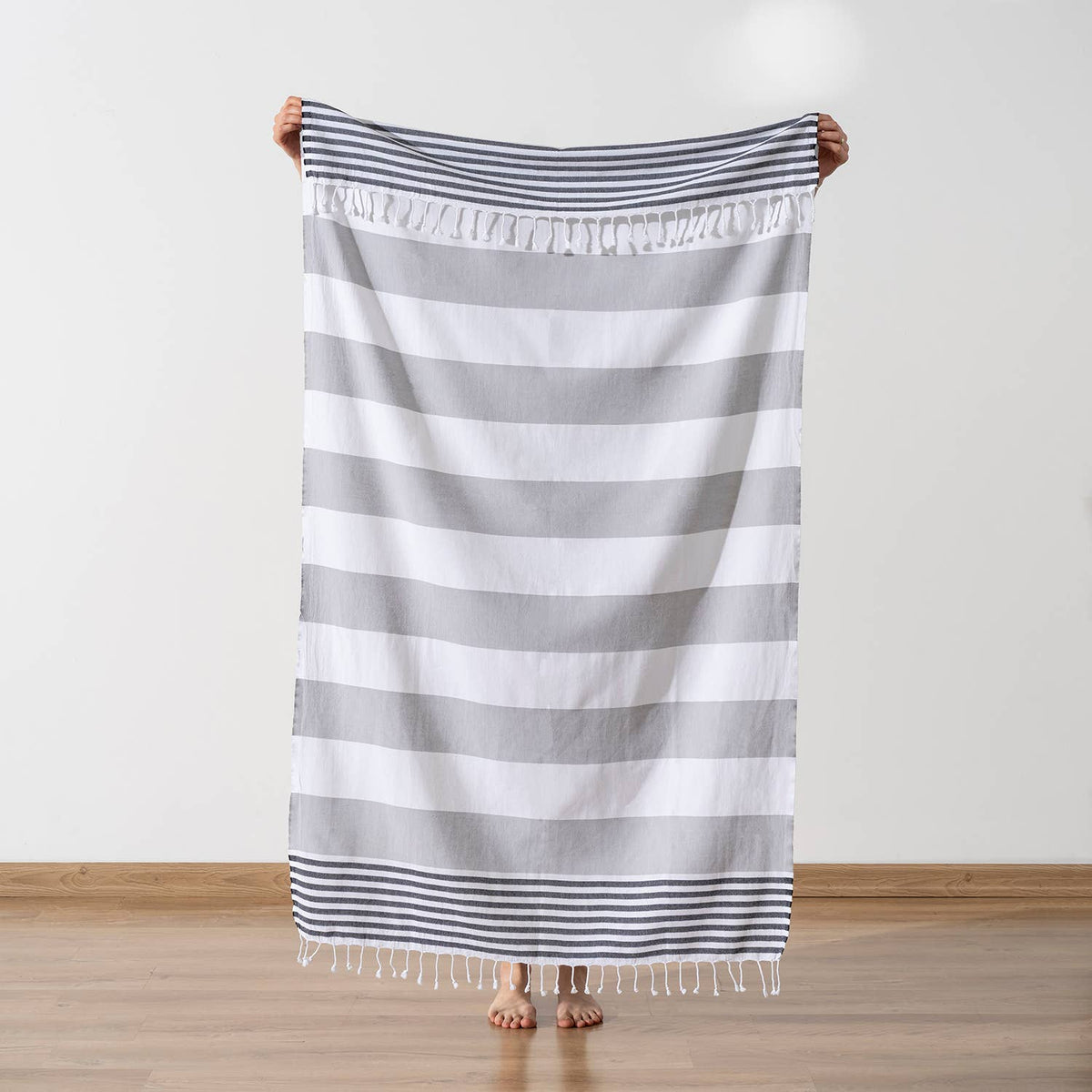 Mediterranean Turkish beach towel – Grey & Black block stripe | Kikoya