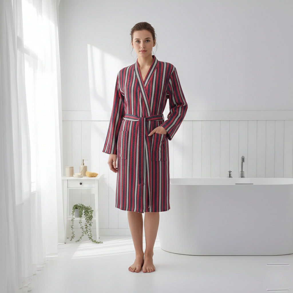 Fine stripe Turkish cotton bathrobe in burgundy – kimono | Kikoya