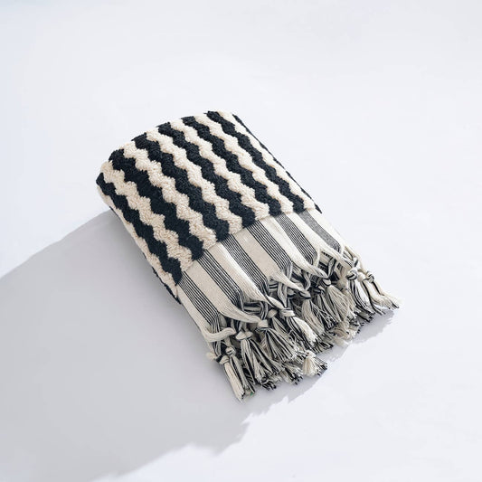 Pompom zigzag Turkish hand towel in black and natural, 17x38 in, handloomed | Kikoya