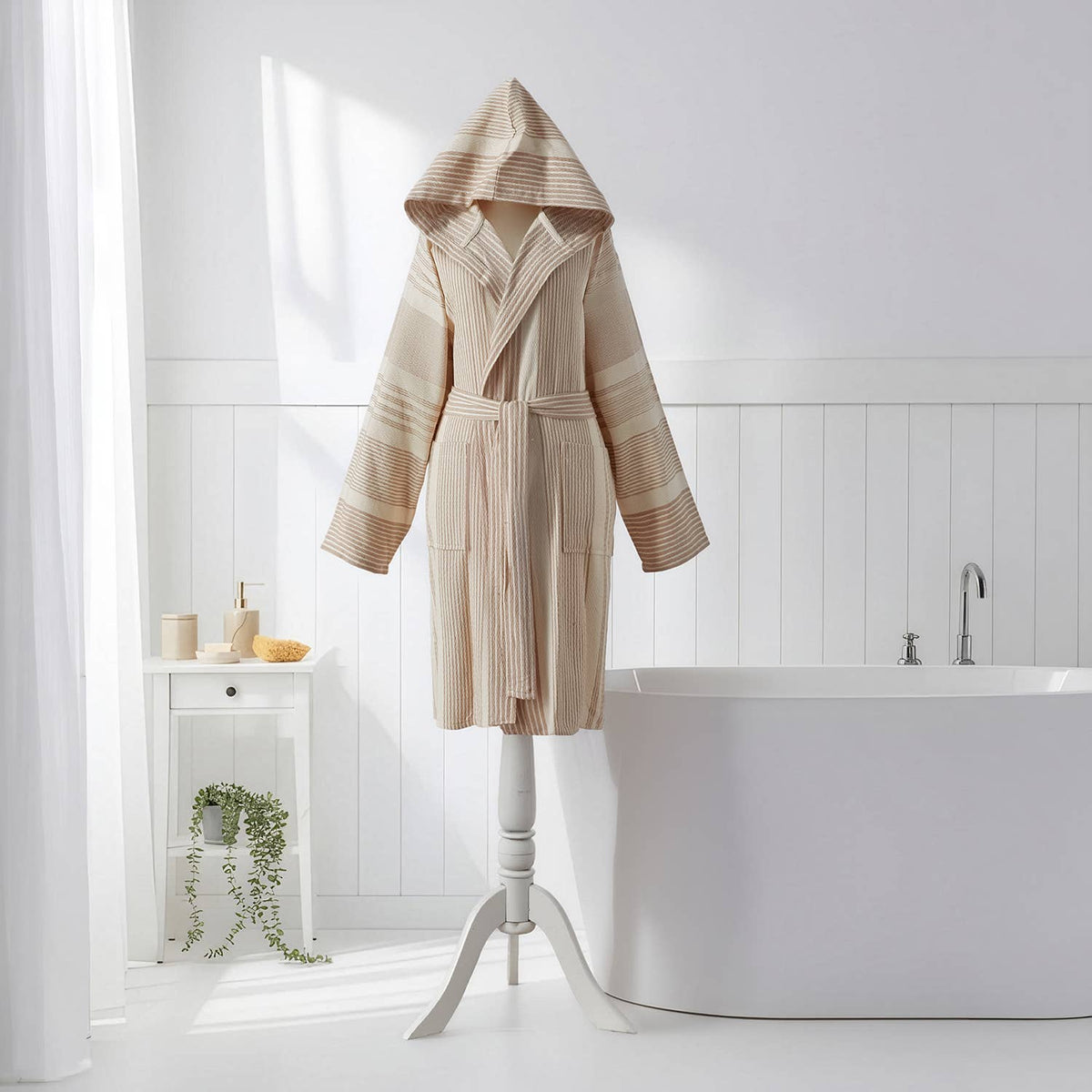 Ribbed Turkish cotton bathrobe – hooded, contrast bands | Kikoya