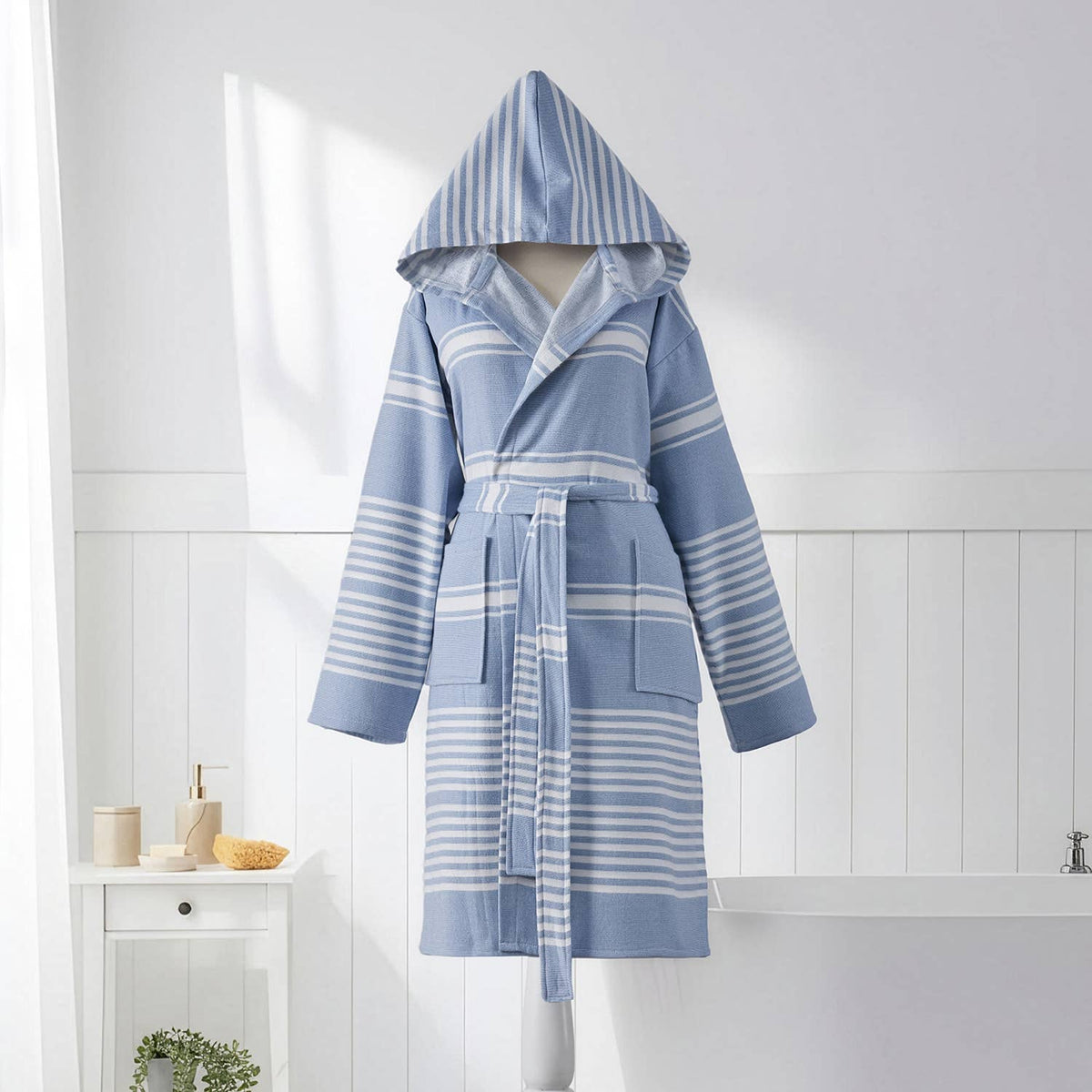 Wide stripe terry-backed Turkish bathrobe – hooded | Kikoya