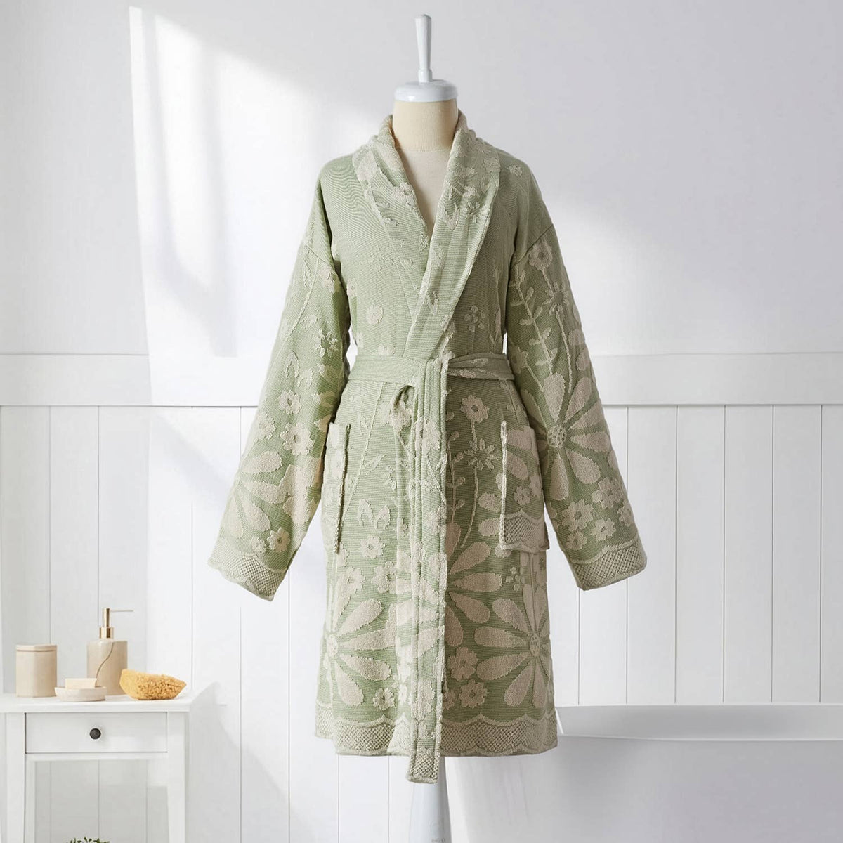 Daisy raised terry Turkish bathrobe – floral jacquard, shawl collar | Kikoya