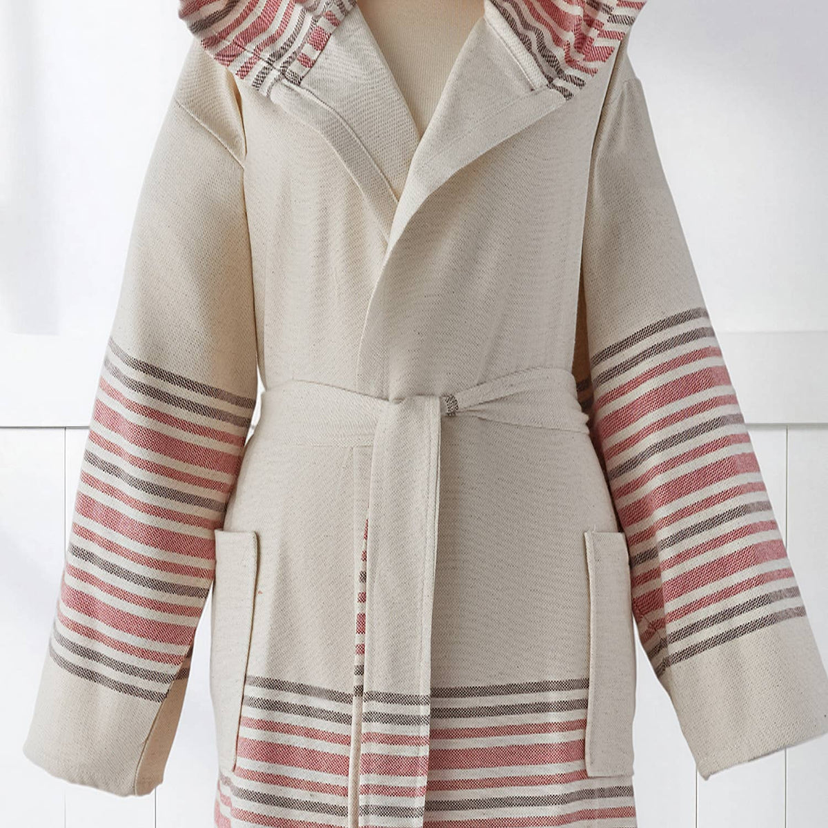 Linen-cotton Turkish bathrobe with terracotta stripes – hooded | Kikoya