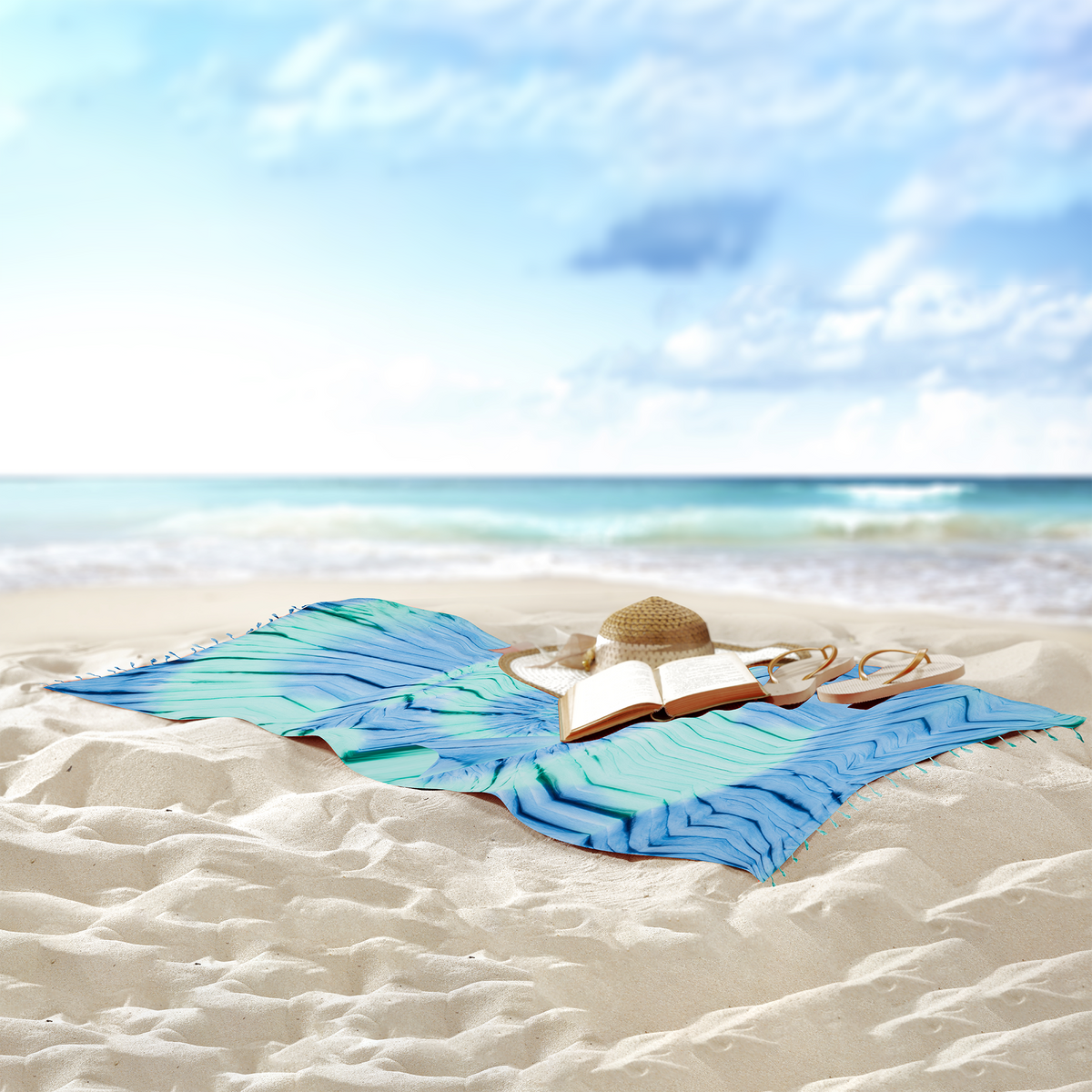Tie-dye Turkish beach towel in ocean blue spiral, 33x65 in, sand-shedding flat weave | Kikoya
