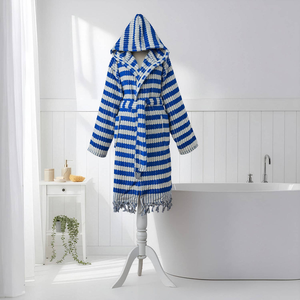 Pompom Turkish bathrobe – Lokum Blue, Hooded, styled view | Kikoya