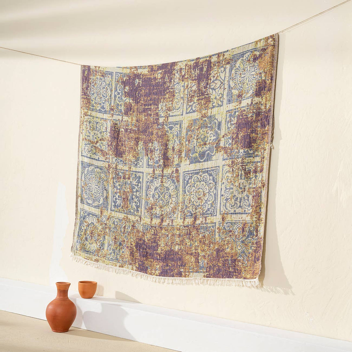 Rustic Turkish cotton throw blanket – vintage medallion, alternate view | Kikoya