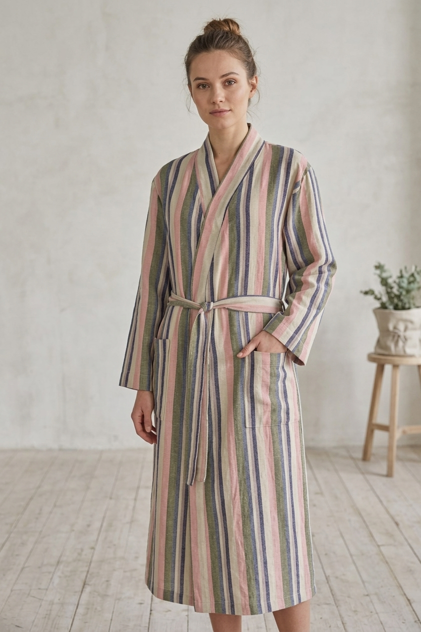 Multi stripe Turkish bathrobe in pastel – kimono | Kikoya