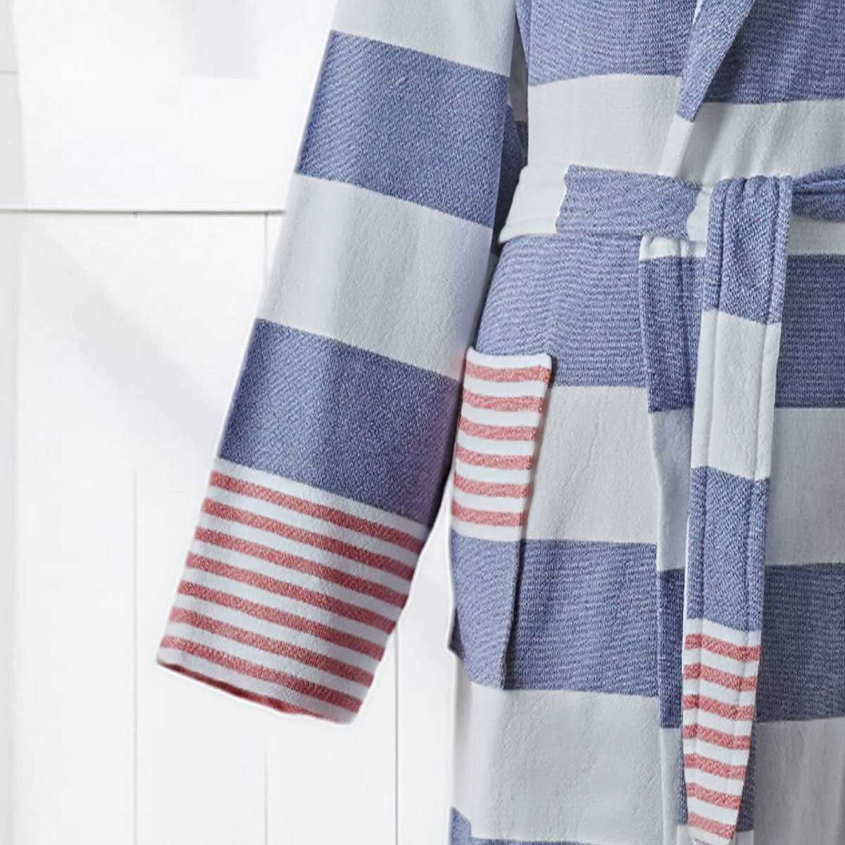 Marine terry-backed Turkish bathrobe – block stripe, hooded | Kikoya