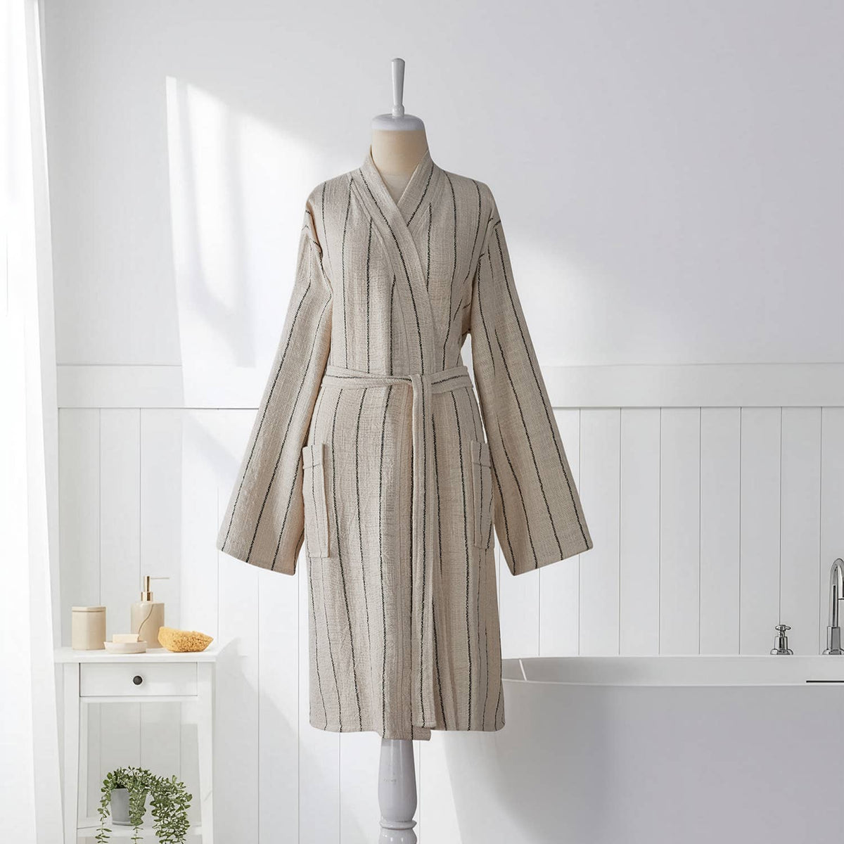 Santorini Turkish kimono bathrobe – Charcoal Stripe | Kikoya