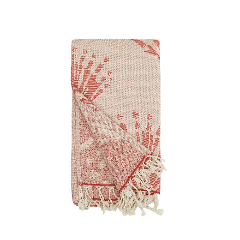 Pearls Turkish towel with coral-sprig jacquard and terry back, 35x70 in | Kikoya