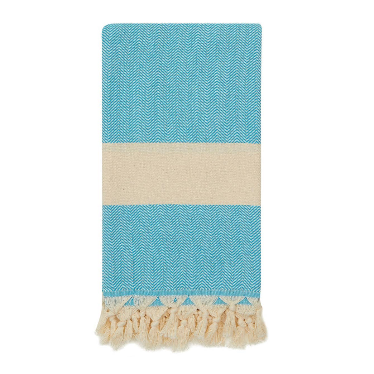 Herringbone Turkish towel – Turquoise, folded with fringe | Kikoya
