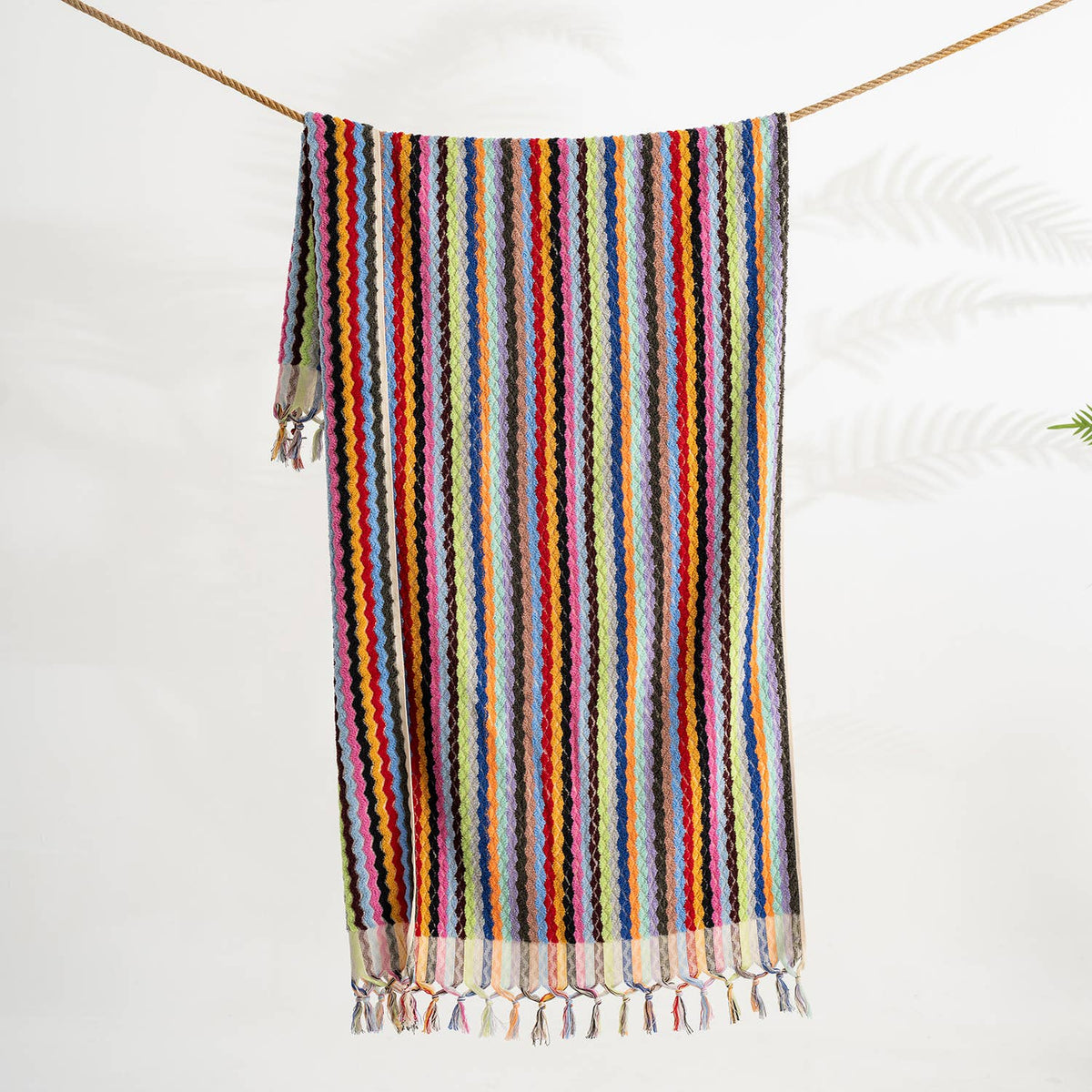 Pompom zigzag Turkish bath towel, 35x68 in, handloomed chevron with pompom fringe | Kikoya