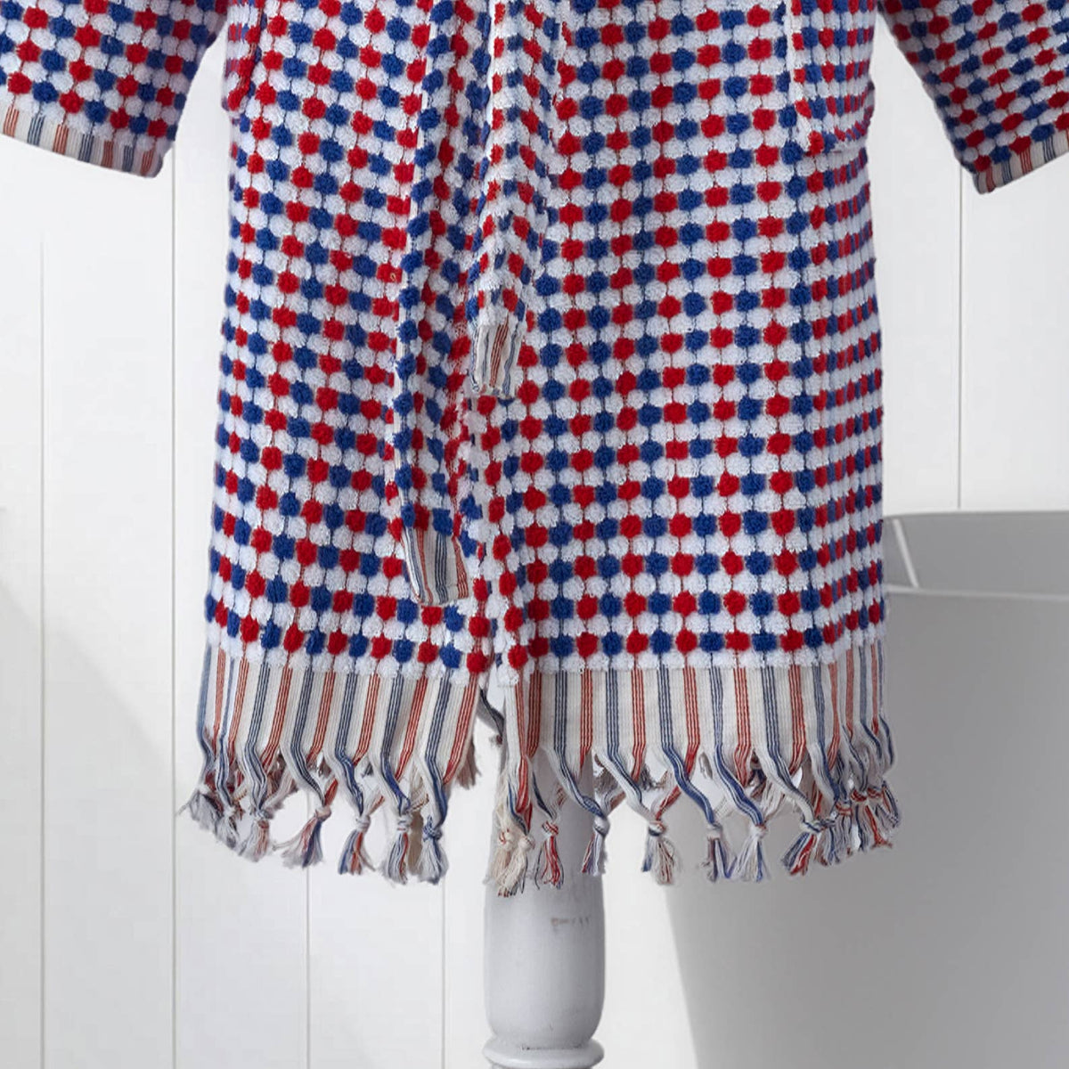 Pompom Turkish bathrobe – Navy & Red, Hooded, belt and pocket detail | Kikoya