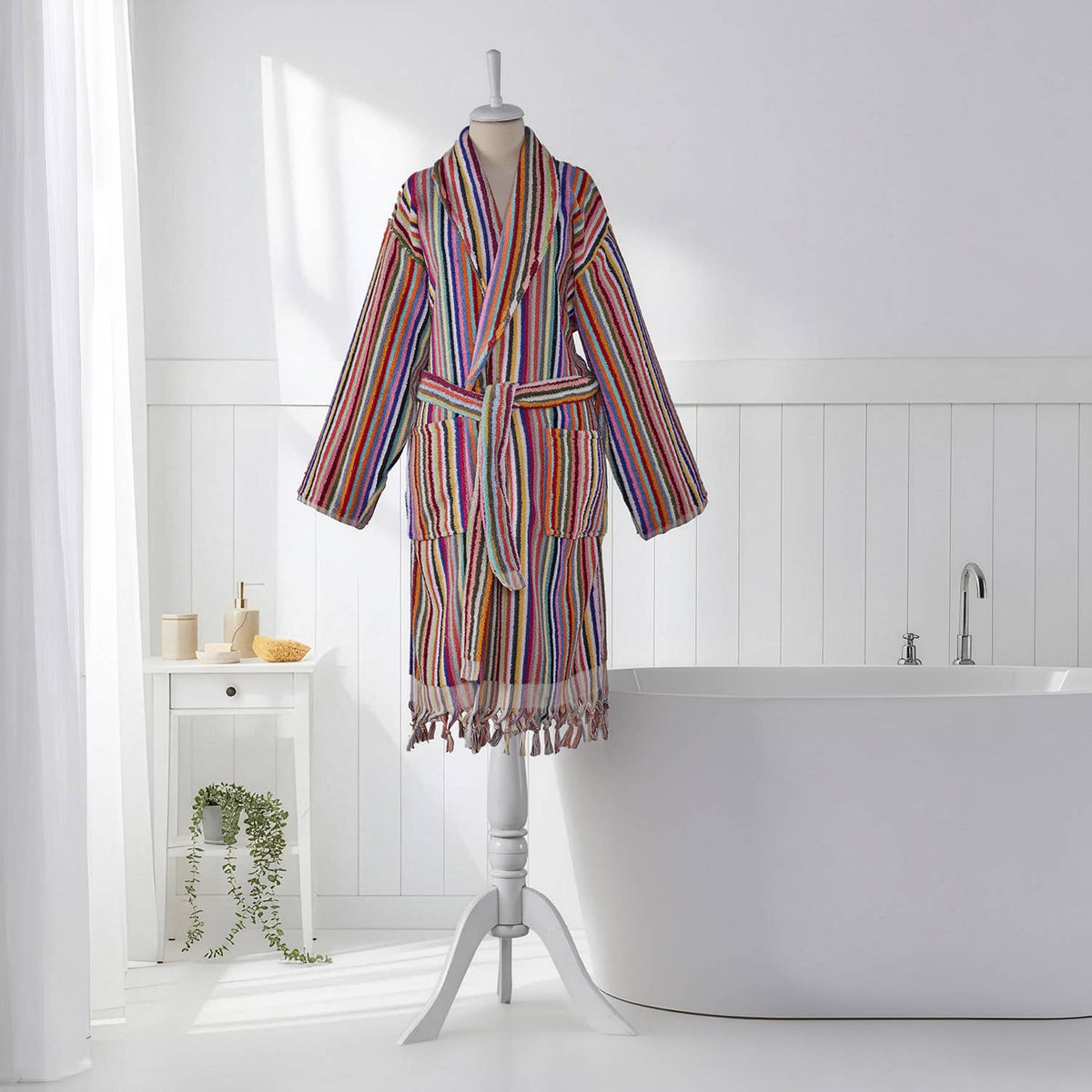 Pompom Turkish bathrobe – Multicolor Stripe, Shawl Collar, front view | Kikoya