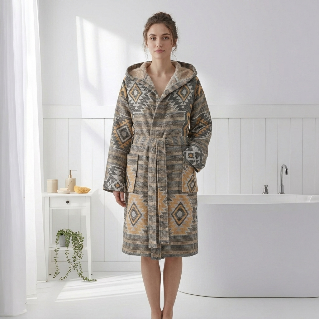 Kilim terry-backed Turkish bathrobe – hooded, multicolor | Kikoya