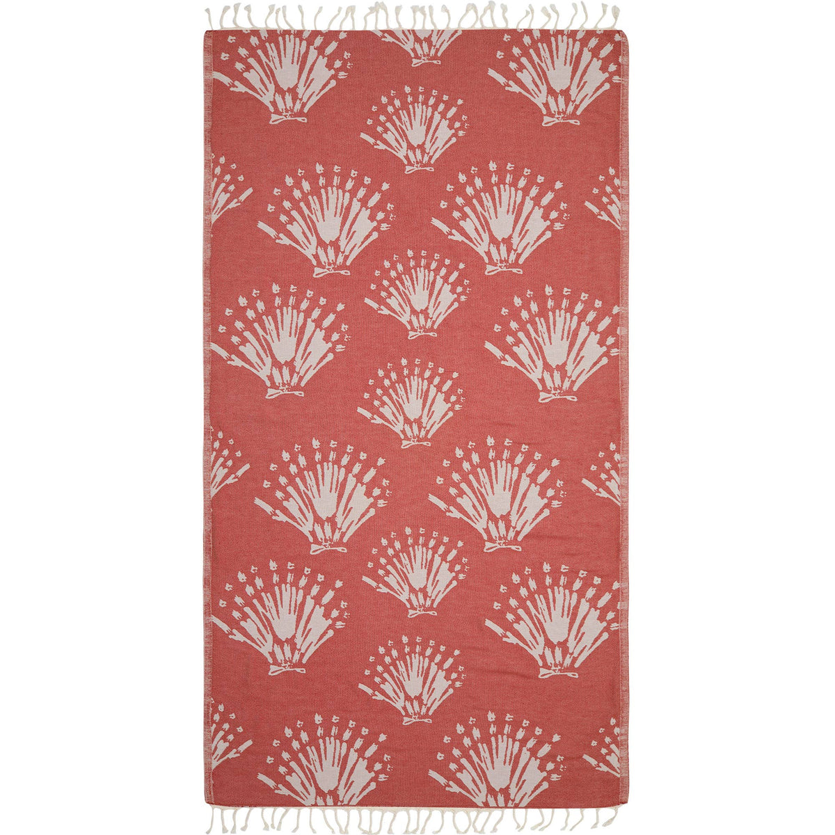 Seashell jacquard Turkish beach towel, 35x70 in, flat-woven with knotted fringe | Kikoya