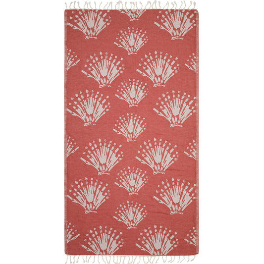 Seashell jacquard Turkish beach towel, 35x70 in, flat-woven with knotted fringe | Kikoya