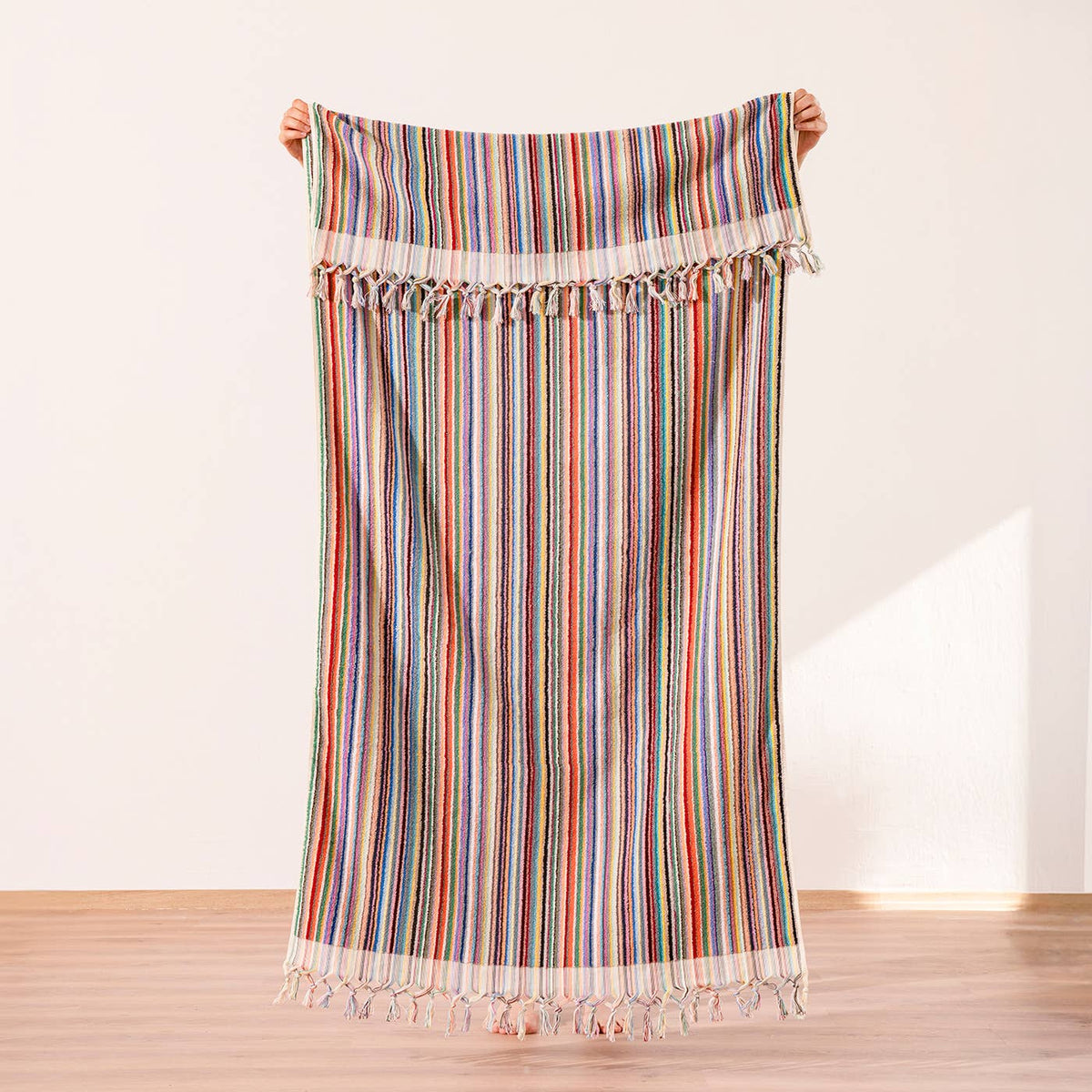 Handloomed Turkish bath towel with raised stripe texture, 35x68 in | Kikoya