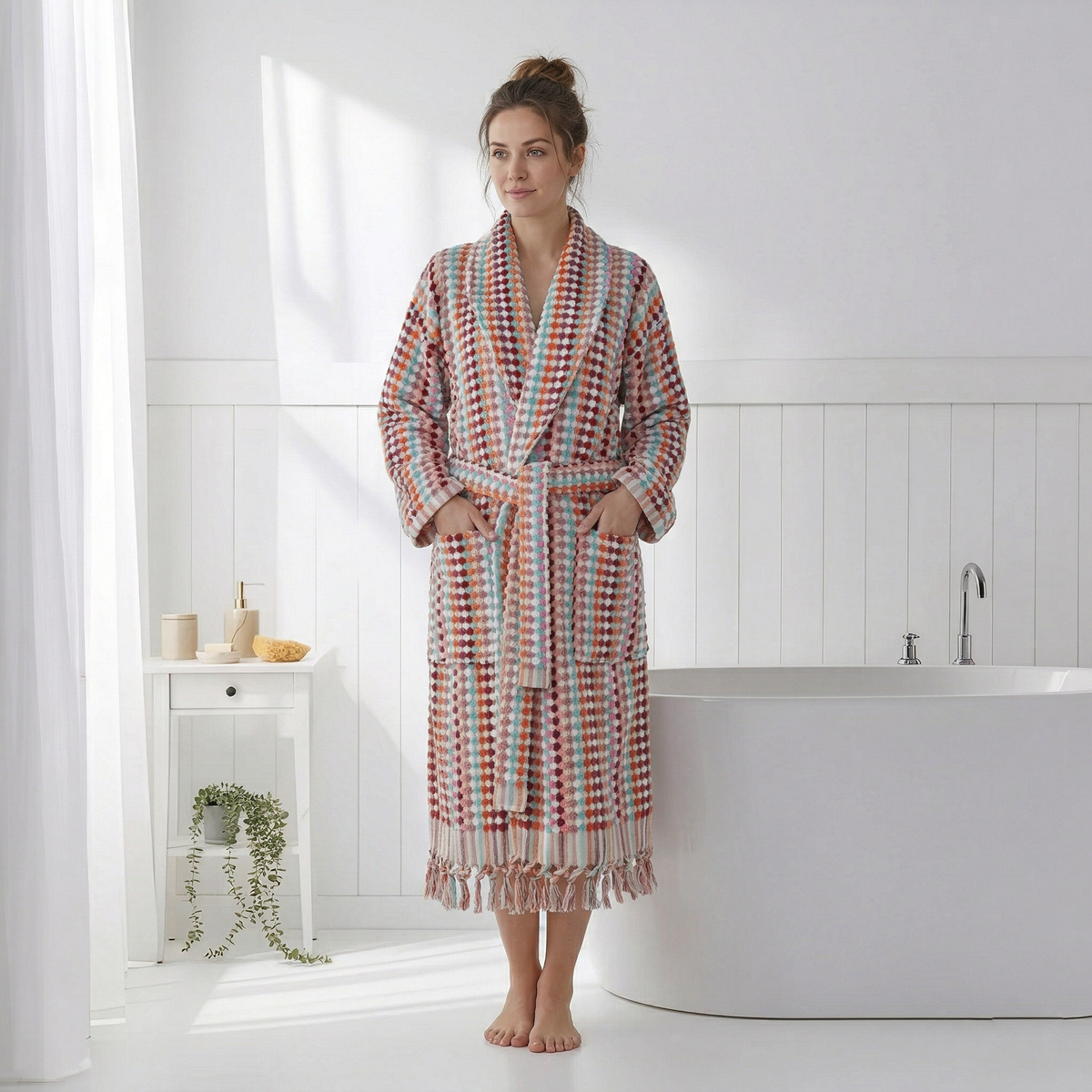 Pompom Turkish bathrobe – Pink & Red Stripe, Shawl Collar, texture detail | Kikoya