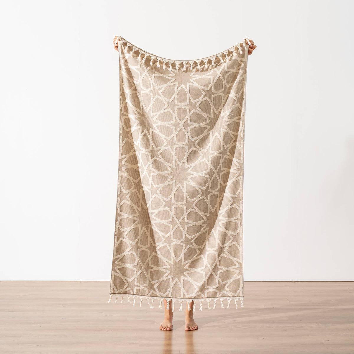 Maya Turkish terry towel with woven geometric jacquard, 36x66 in | Kikoya