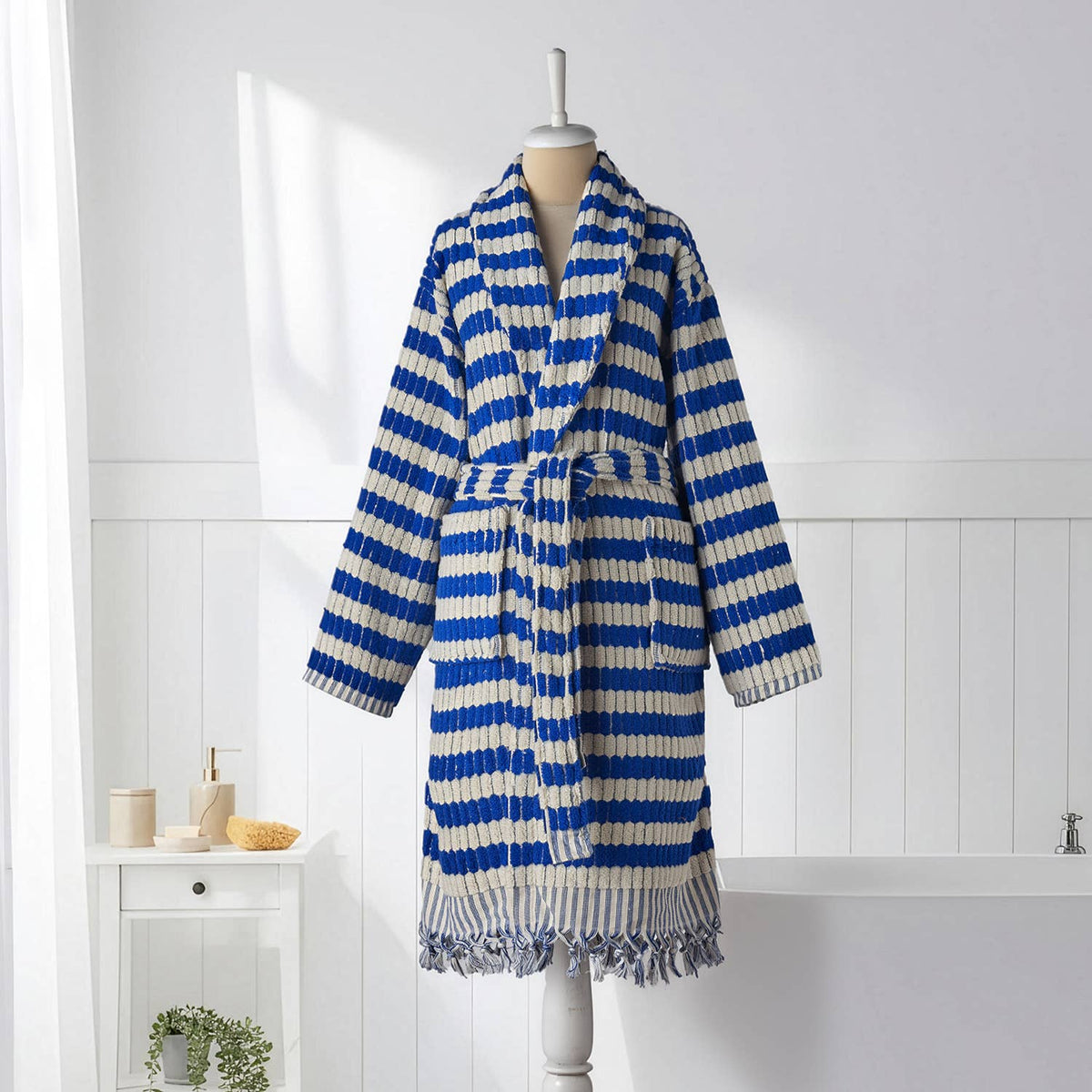 Pompom Turkish bathrobe – Lokum Blue, Shawl Collar, front view | Kikoya