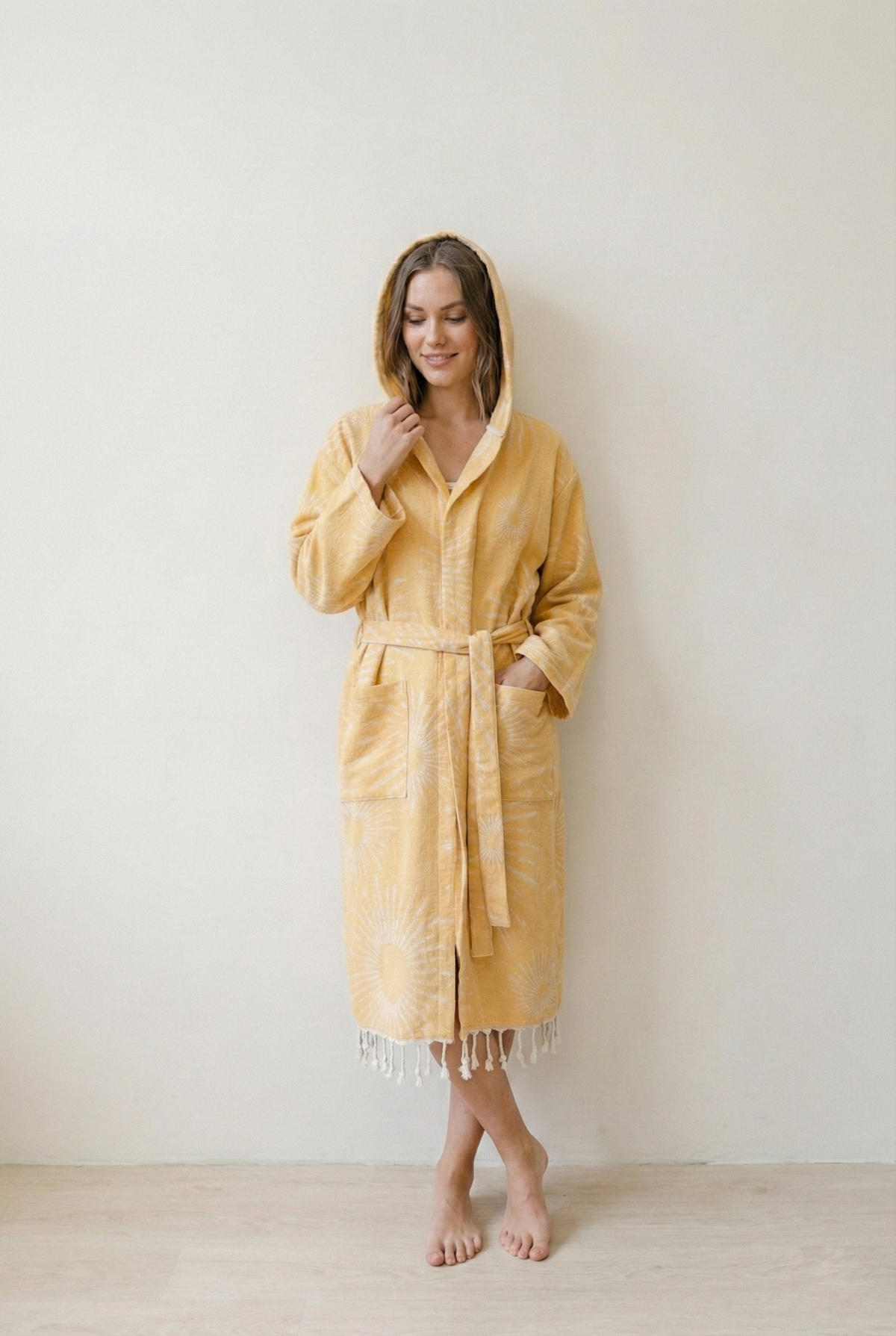 Sunburst terry-backed Turkish bathrobe, hooded, mustard | Kikoya