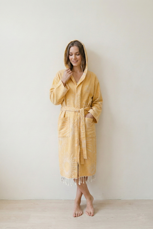 Sunburst terry-backed Turkish bathrobe, hooded, mustard | Kikoya