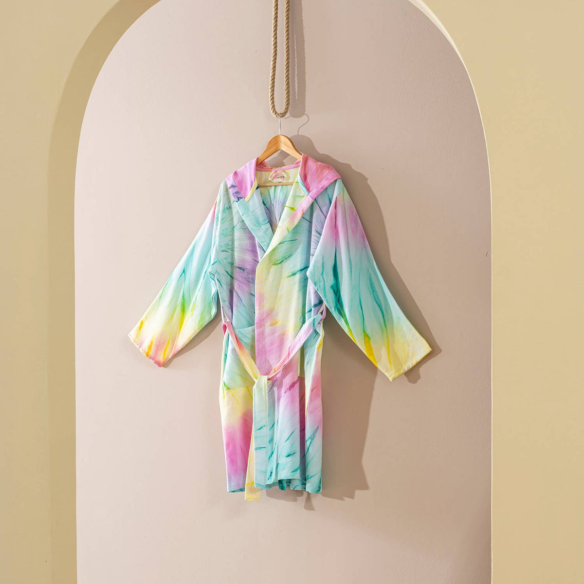 Hand tie-dyed Turkish cotton bathrobe – hooded, belted | Kikoya