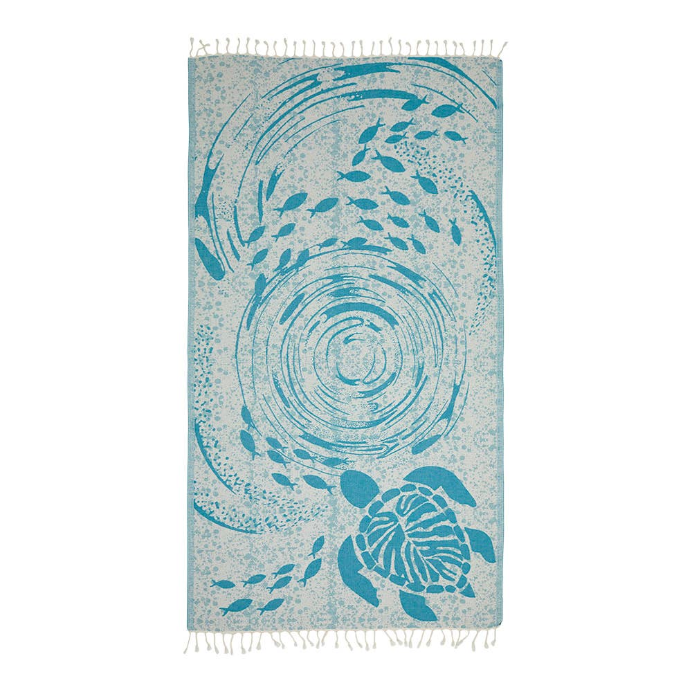 Ocean Turtle Turkish beach towel with woven sea-turtle jacquard, 35x70 in | Kikoya