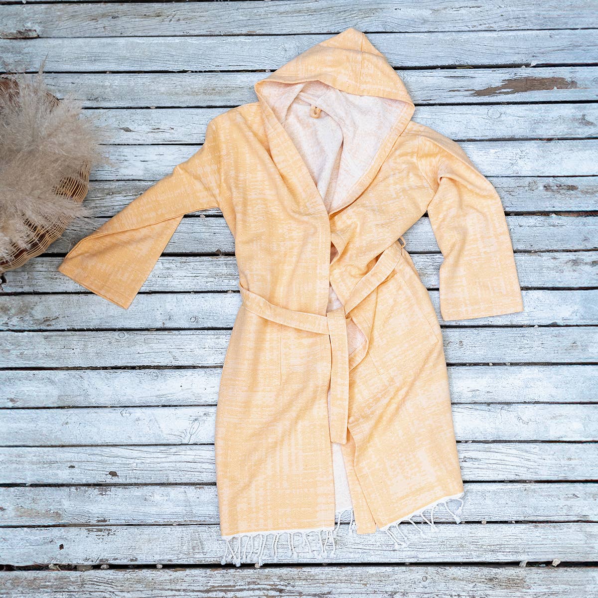 Sunburst terry-backed Turkish bathrobe, hooded, mustard | Kikoya