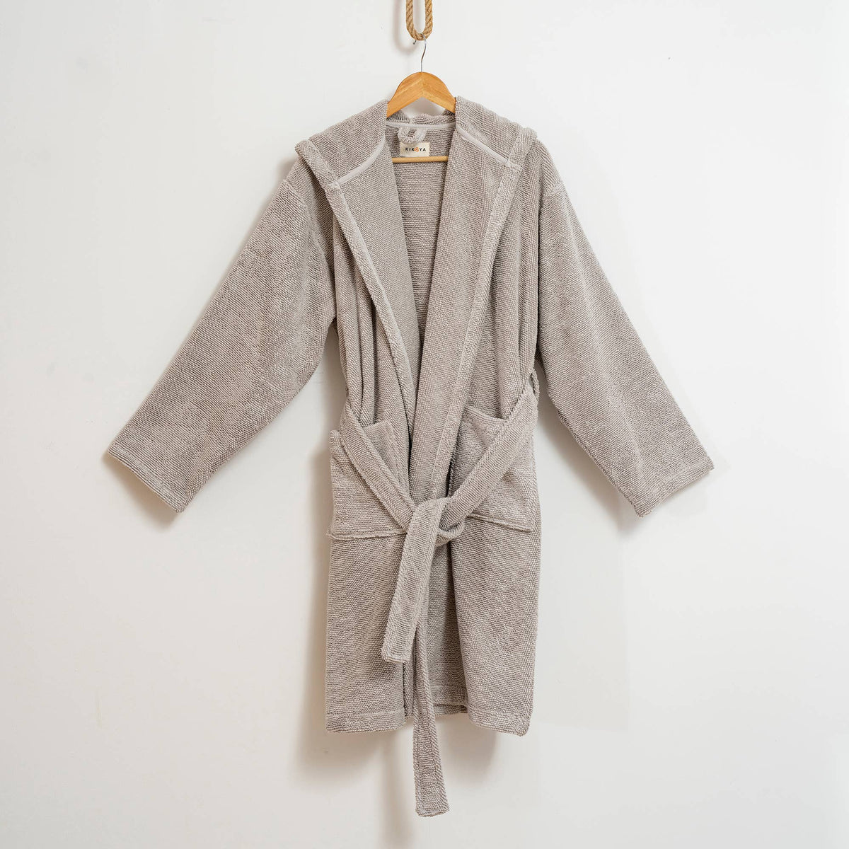 Pompom Turkish bathrobe – Pebble, Hooded, alternate view | Kikoya